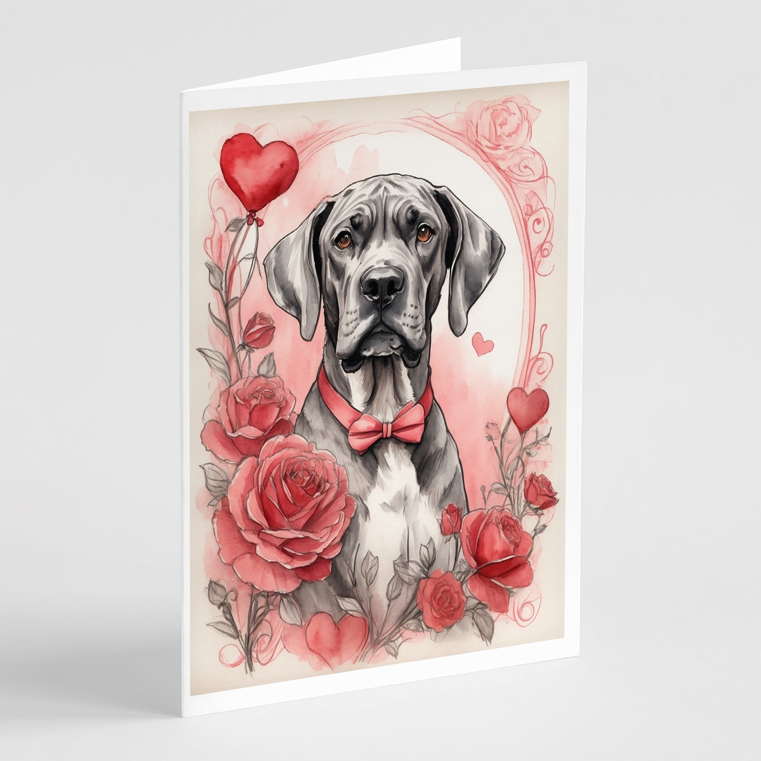Great Dane Valentine Roses Greeting Cards Pack of 8 Blank Cards with Envelopes Whimsical A7 Size 5x7