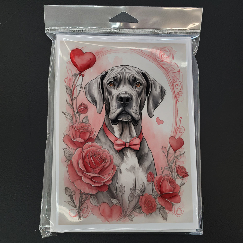 Great Dane Valentine Roses Greeting Cards Pack of 8 Blank Cards with Envelopes Whimsical A7 Size 5x7