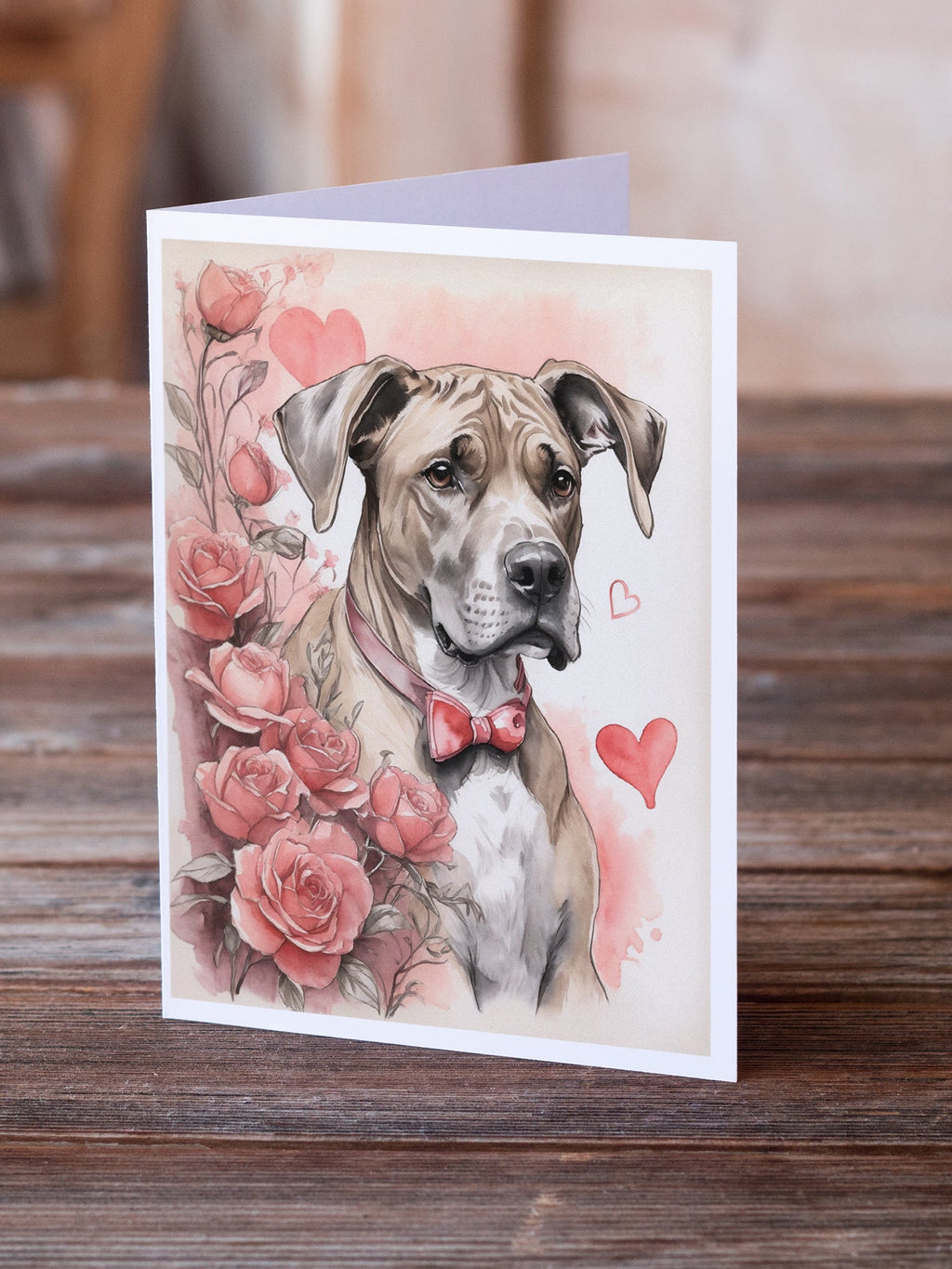 Great Dane Valentine Roses Greeting Cards Pack of 8 Blank Cards with Envelopes Whimsical A7 Size 5x7