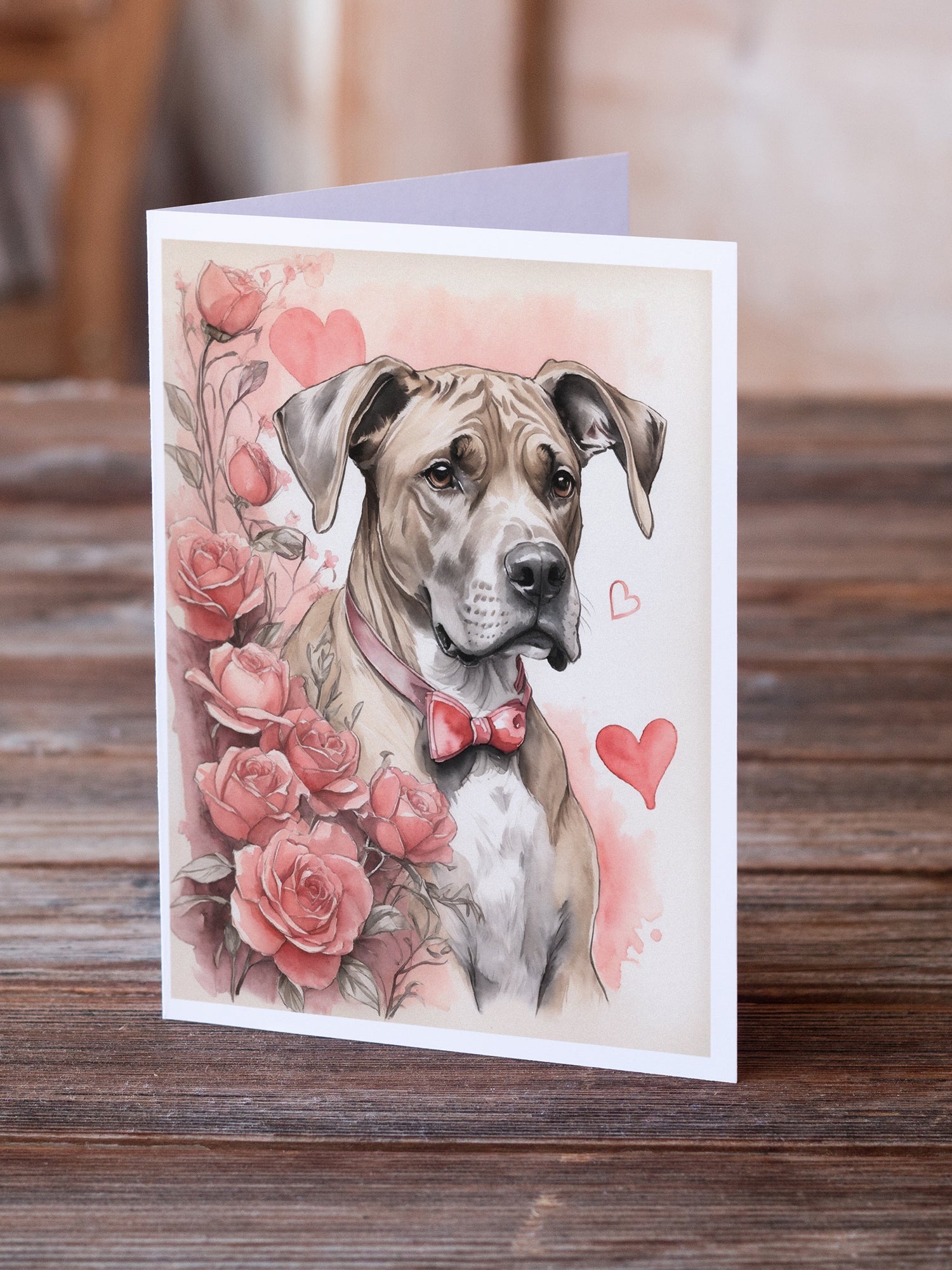 Great Dane Valentine Roses Greeting Cards Pack of 8 Blank Cards with Envelopes Whimsical A7 Size 5x7