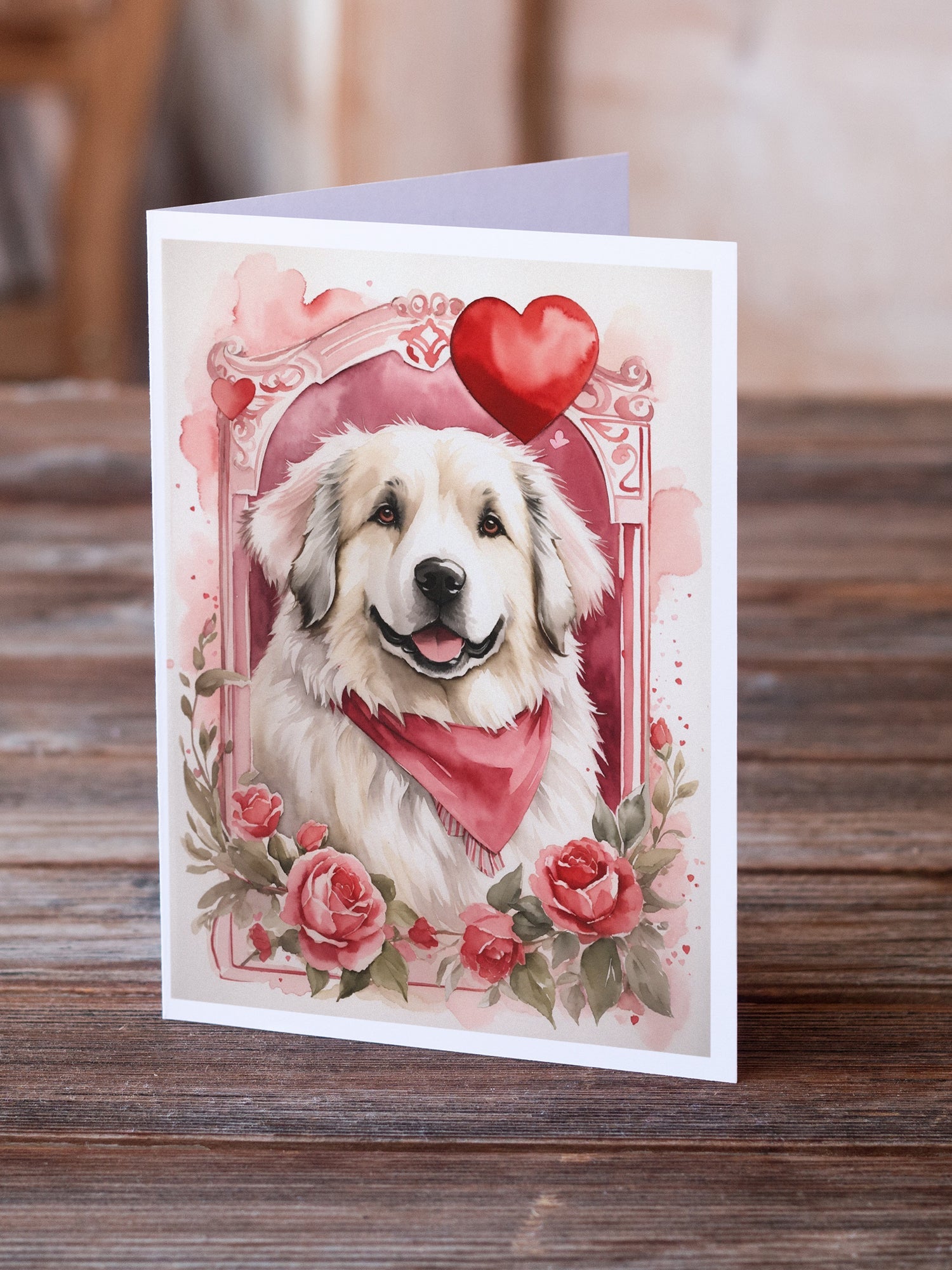Great Pyrenees Valentine Roses Greeting Cards Pack of 8 Blank Cards with Envelopes Whimsical A7 Size 5x7