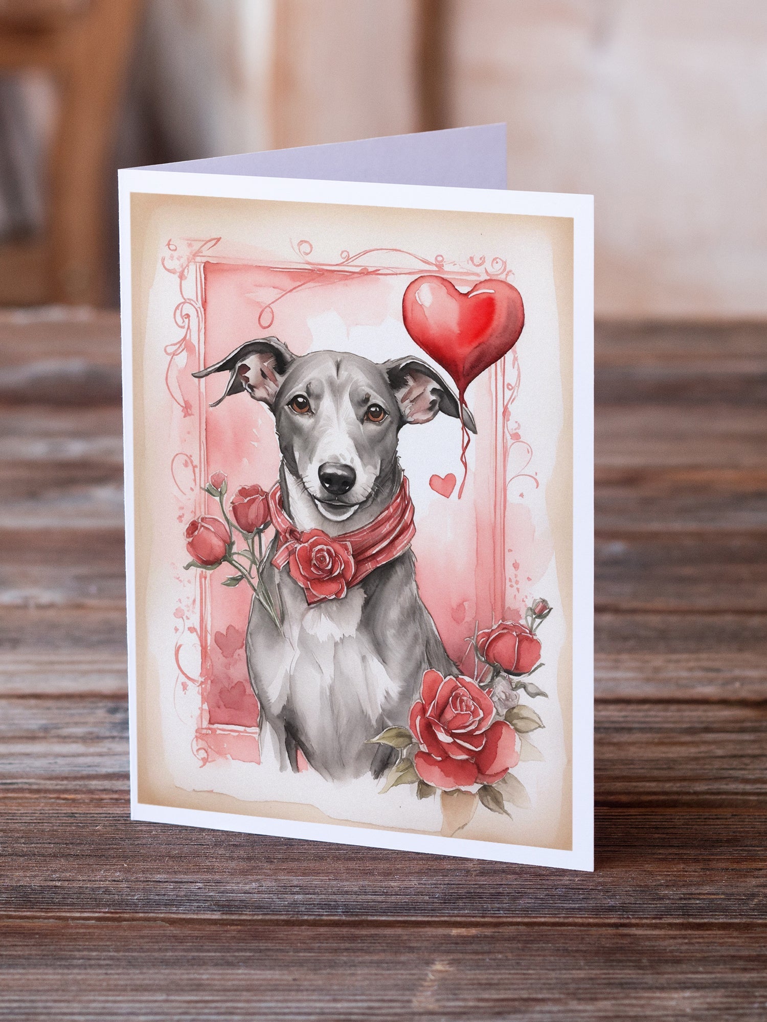 Greyhound Valentine Roses Greeting Cards Pack of 8 Blank Cards with Envelopes Whimsical A7 Size 5x7