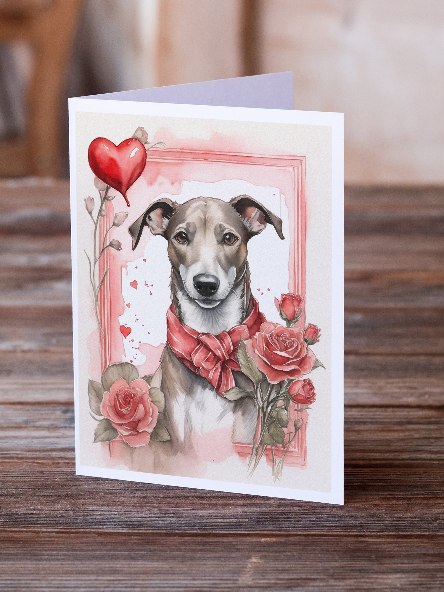 Greyhound Valentine Roses Greeting Cards Pack of 8 Blank Cards with Envelopes Whimsical A7 Size 5x7