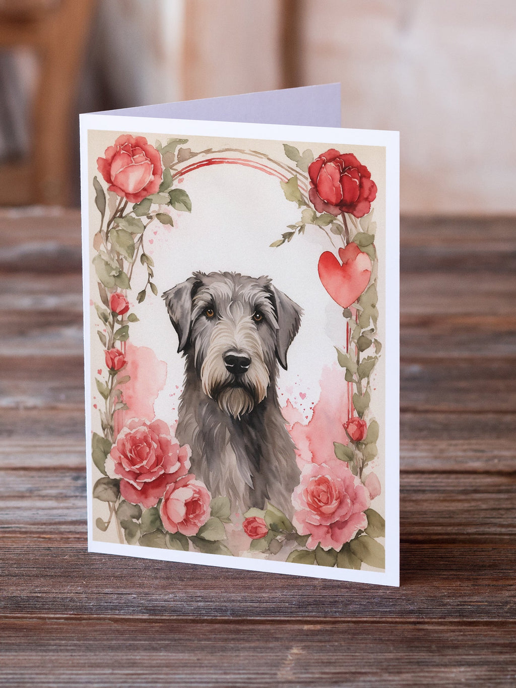 Irish Wolfhound Valentine Roses Greeting Cards Pack of 8 Blank Cards with Envelopes Whimsical A7 Size 5x7