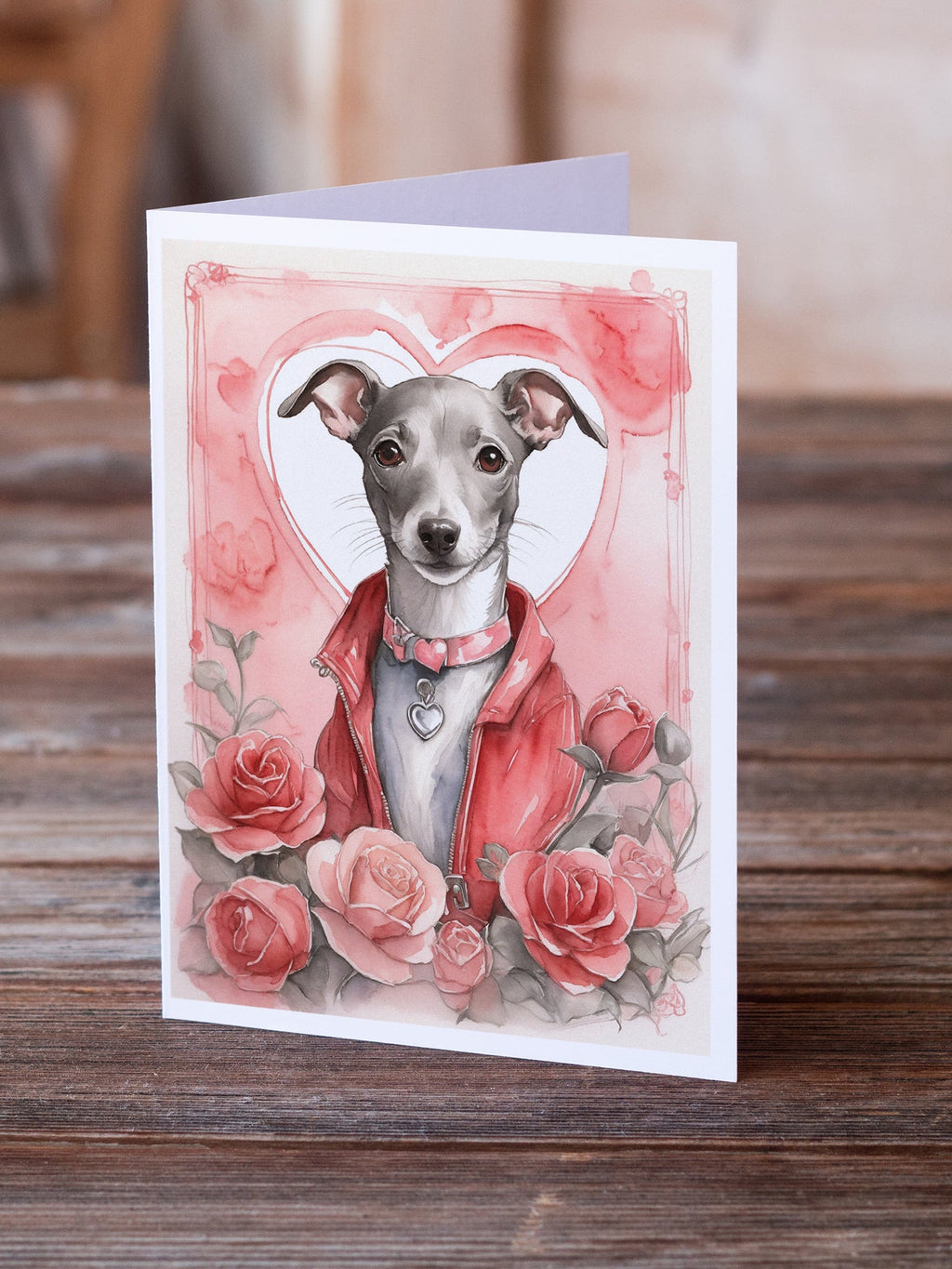 Italian Greyhound Valentine Roses Greeting Cards Pack of 8 Blank Cards with Envelopes Whimsical A7 Size 5x7