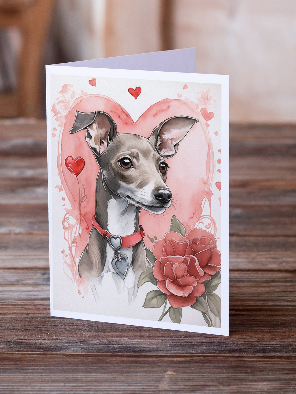 Italian Greyhound Valentine Roses Greeting Cards Pack of 8 Blank Cards with Envelopes Whimsical A7 Size 5x7