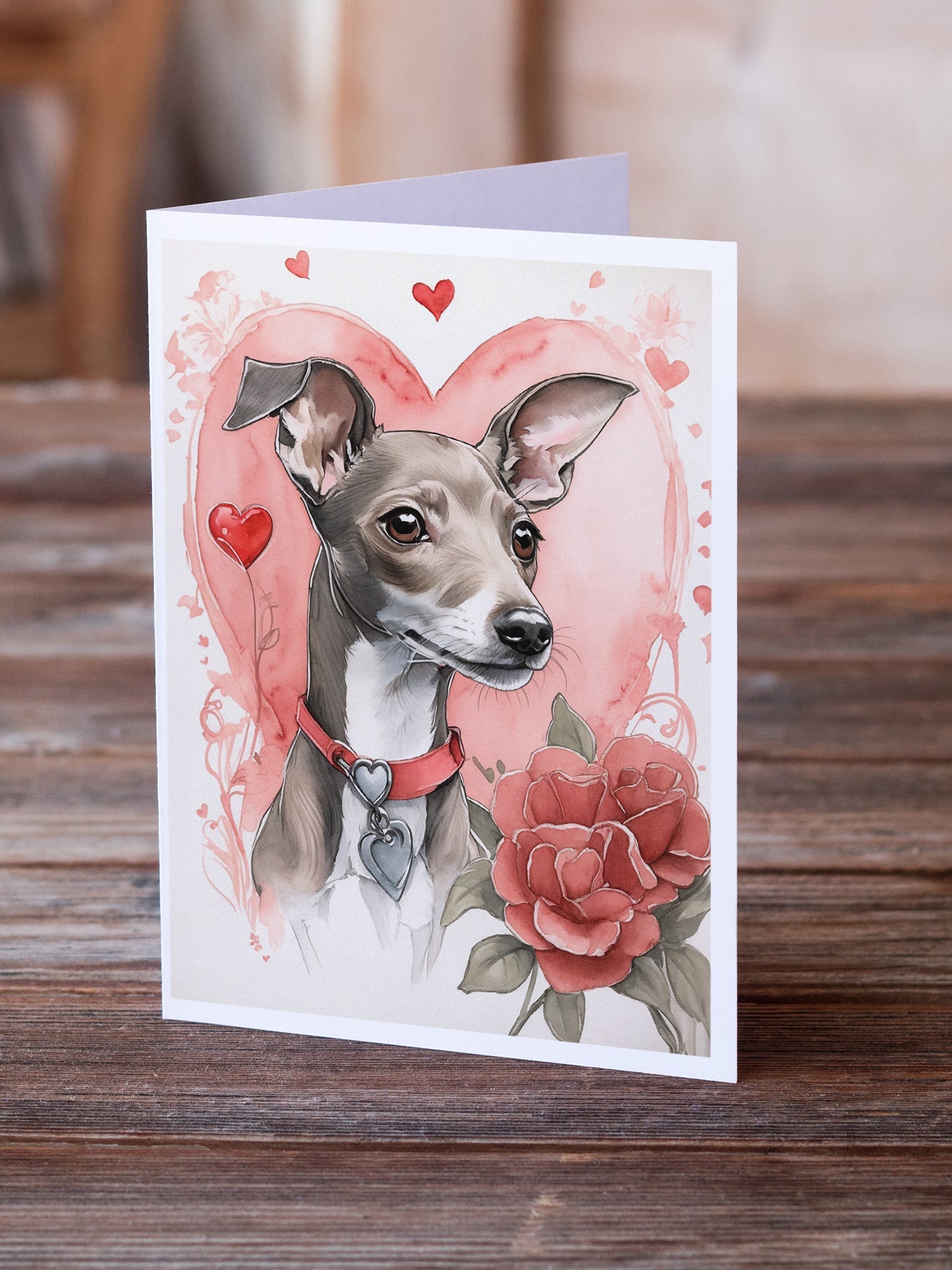 Italian Greyhound Valentine Roses Greeting Cards Pack of 8 Blank Cards with Envelopes Whimsical A7 Size 5x7