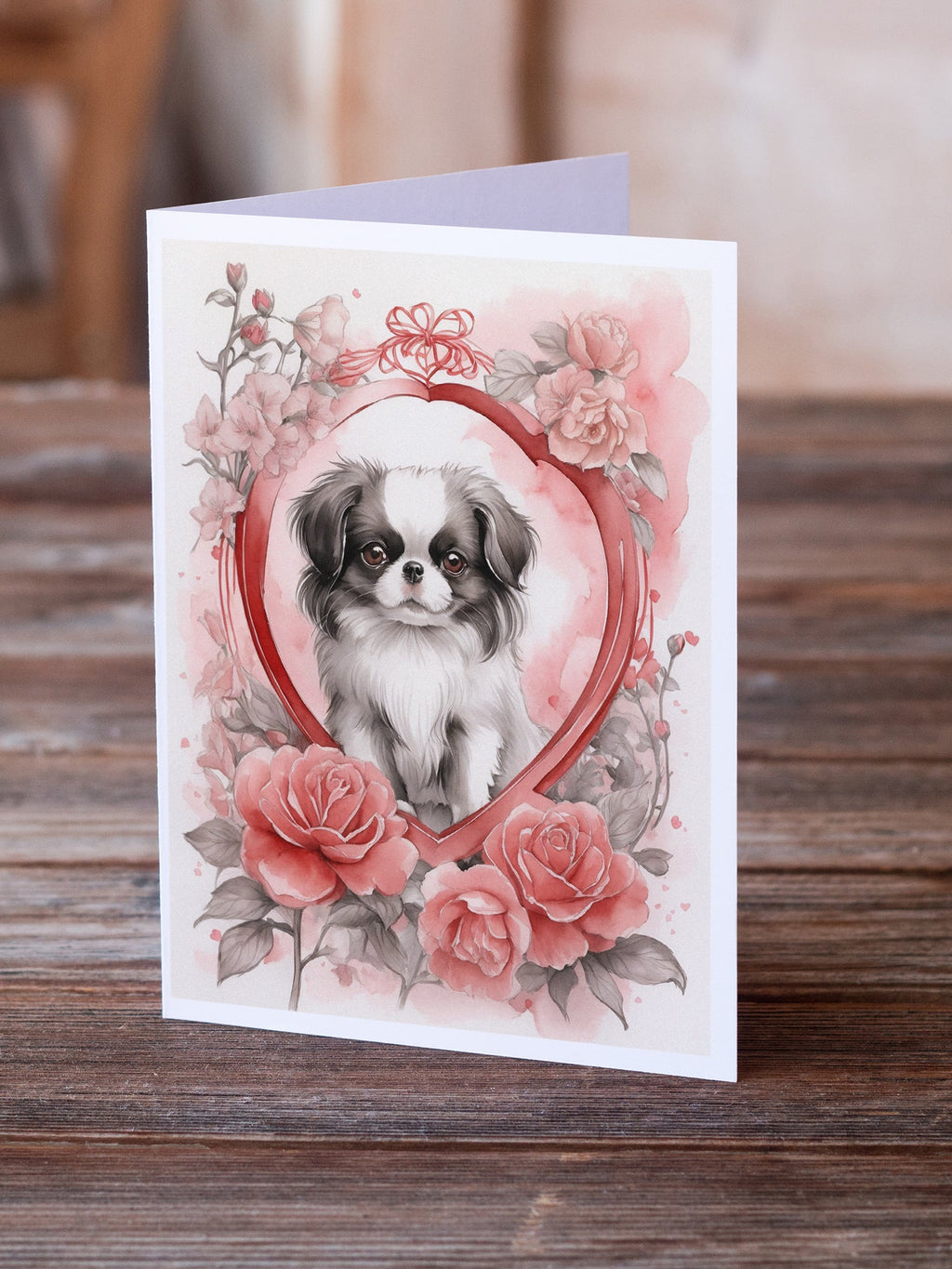 Japanese Chin Valentine Roses Greeting Cards Pack of 8 Blank Cards with Envelopes Whimsical A7 Size 5x7