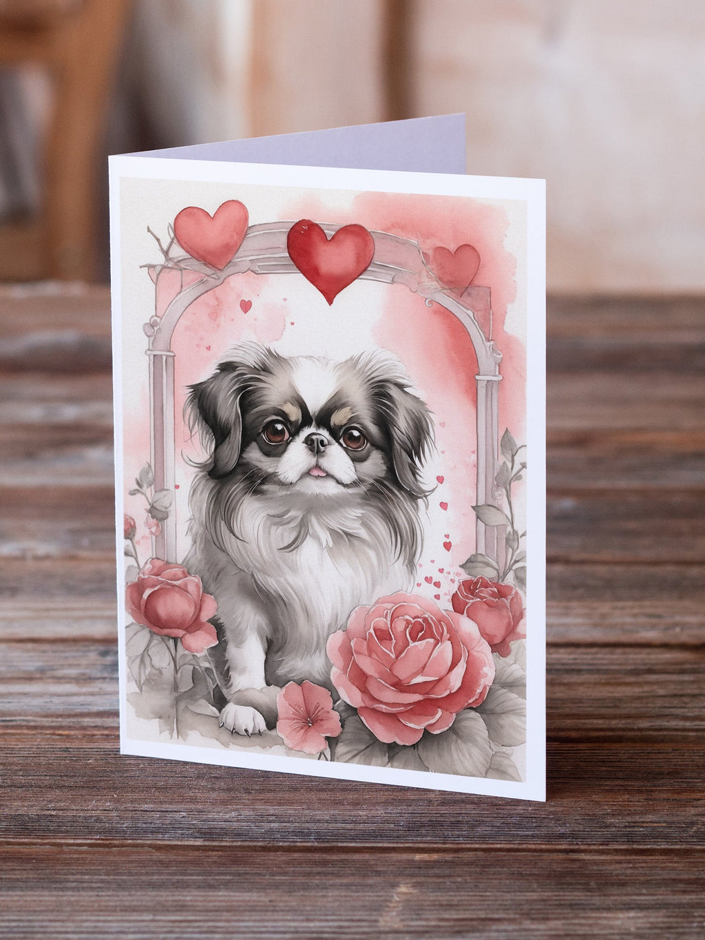 Japanese Chin Valentine Roses Greeting Cards Pack of 8 Blank Cards with Envelopes Whimsical A7 Size 5x7