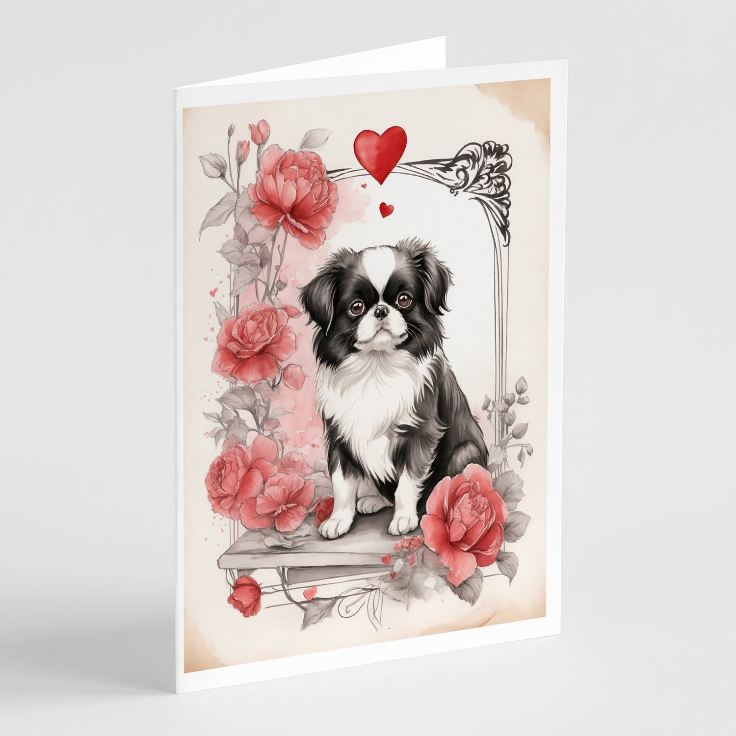 Japanese Chin Valentine Roses Greeting Cards Pack of 8 Blank Cards with Envelopes Whimsical A7 Size 5x7