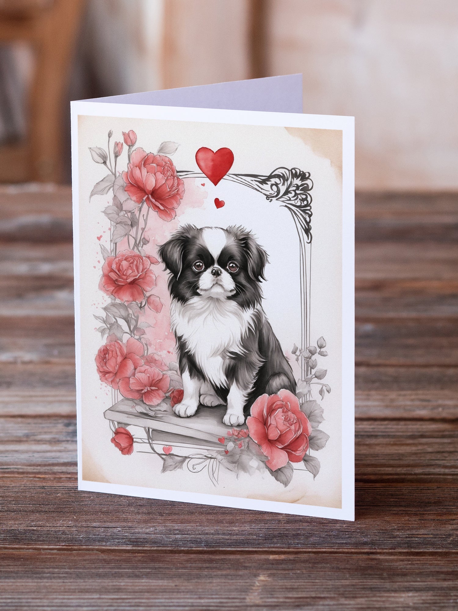 Japanese Chin Valentine Roses Greeting Cards Pack of 8 Blank Cards with Envelopes Whimsical A7 Size 5x7