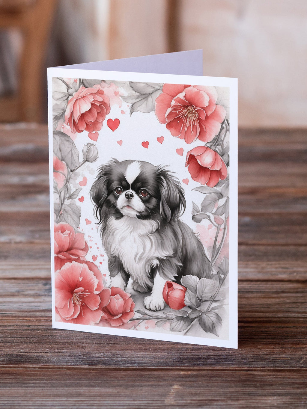 Japanese Chin Valentine Roses Greeting Cards Pack of 8 Blank Cards with Envelopes Whimsical A7 Size 5x7