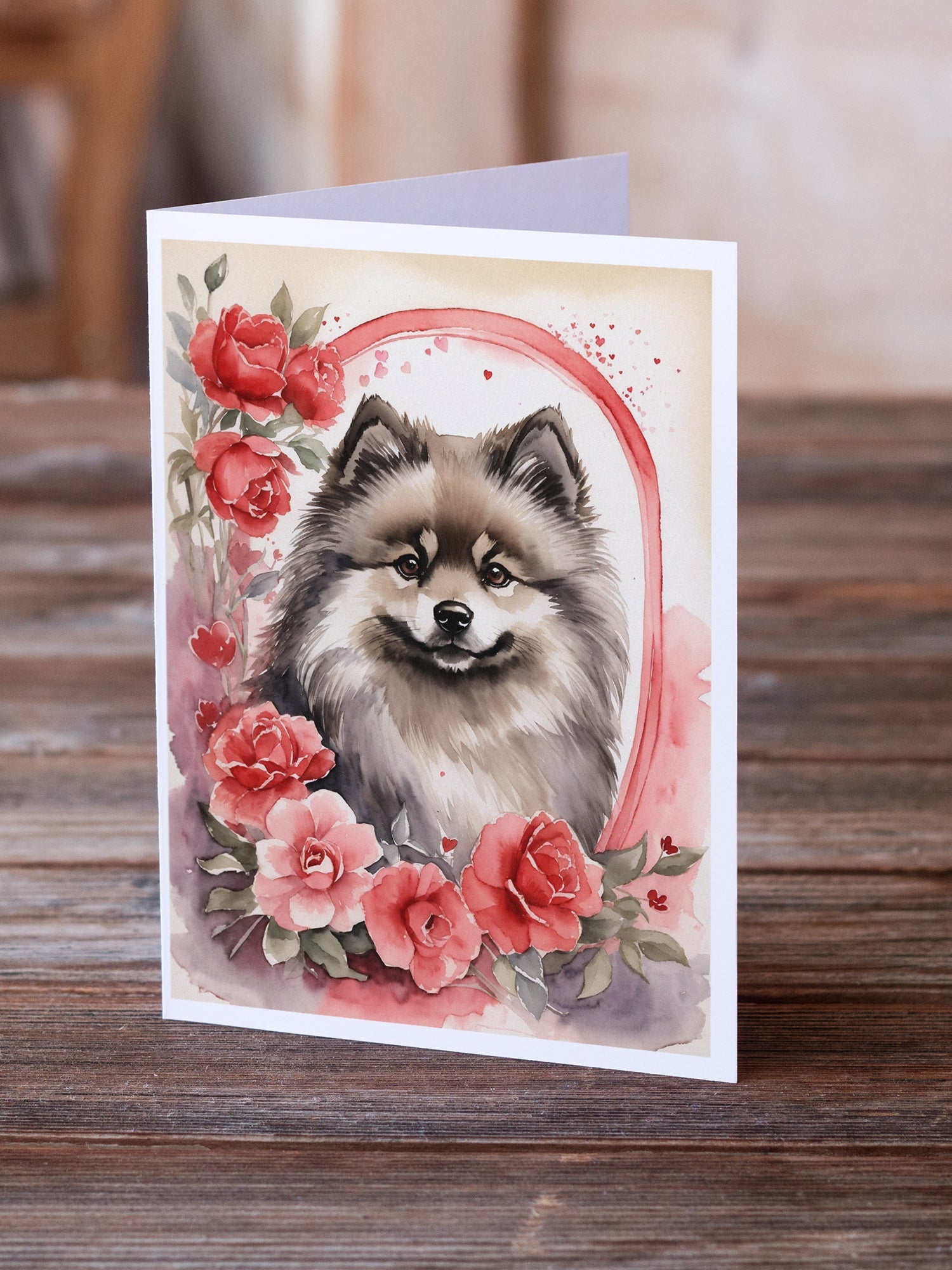 Keeshond Valentine Roses Greeting Cards Pack of 8 Blank Cards with Envelopes Whimsical A7 Size 5x7
