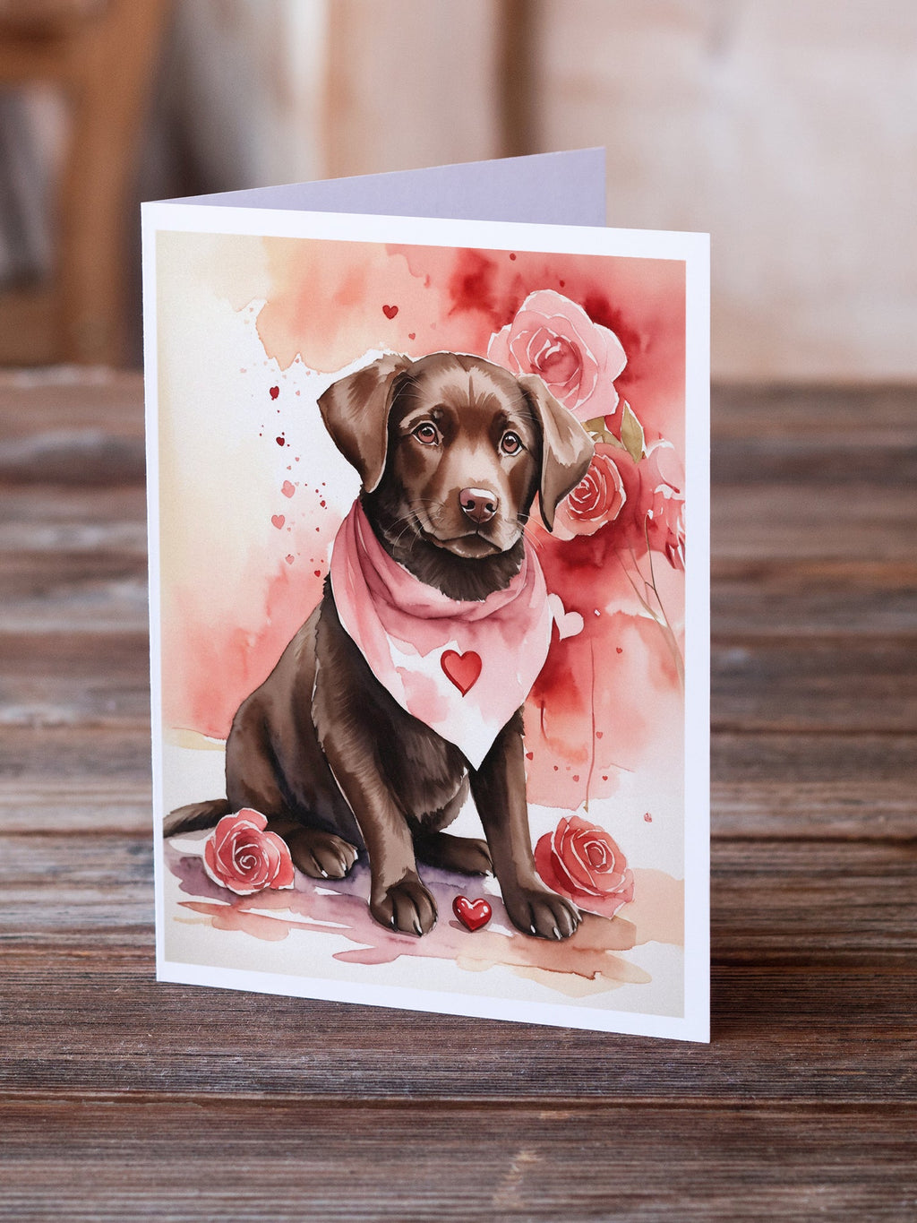 Chocolate Labrador Retriever Valentine Roses Greeting Cards Pack of 8 Blank Cards with Envelopes Whimsical A7 Size 5x7