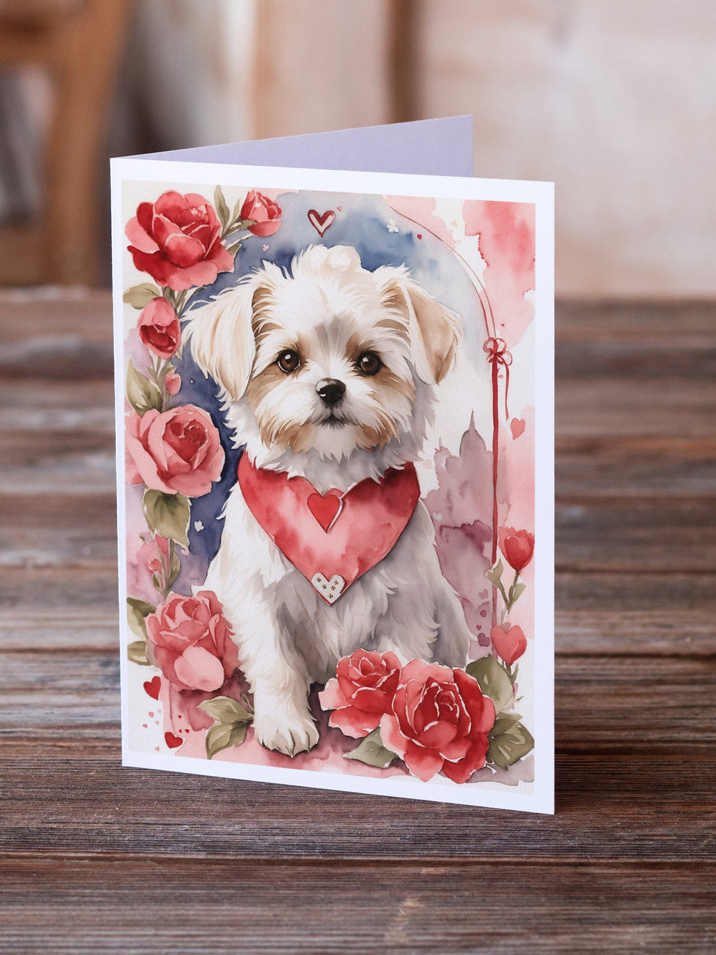 Maltese Valentine Roses Greeting Cards Pack of 8 Blank Cards with Envelopes Whimsical A7 Size 5x7