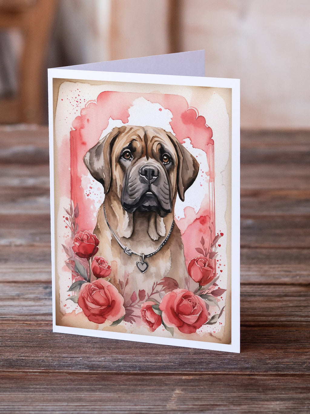 Mastiff Valentine Roses Greeting Cards Pack of 8 Blank Cards with Envelopes Whimsical A7 Size 5x7
