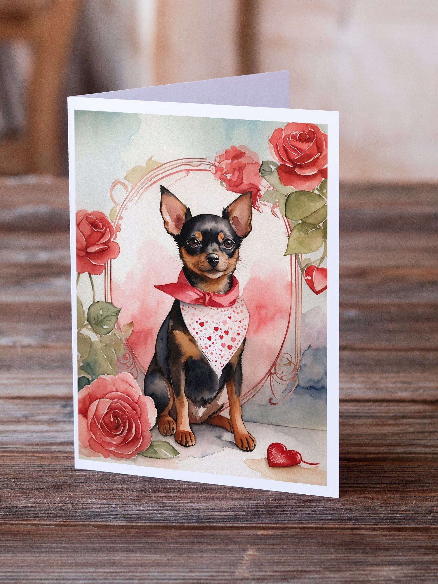 Miniature Pinscher Valentine Roses Greeting Cards Pack of 8 Blank Cards with Envelopes Whimsical A7 Size 5x7