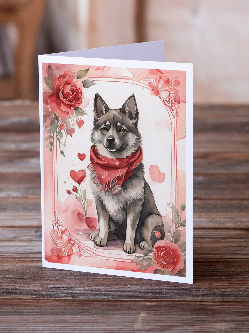 Norwegian Elkhound Valentine Roses Greeting Cards Pack of 8 Blank Cards with Envelopes Whimsical A7 Size 5x7