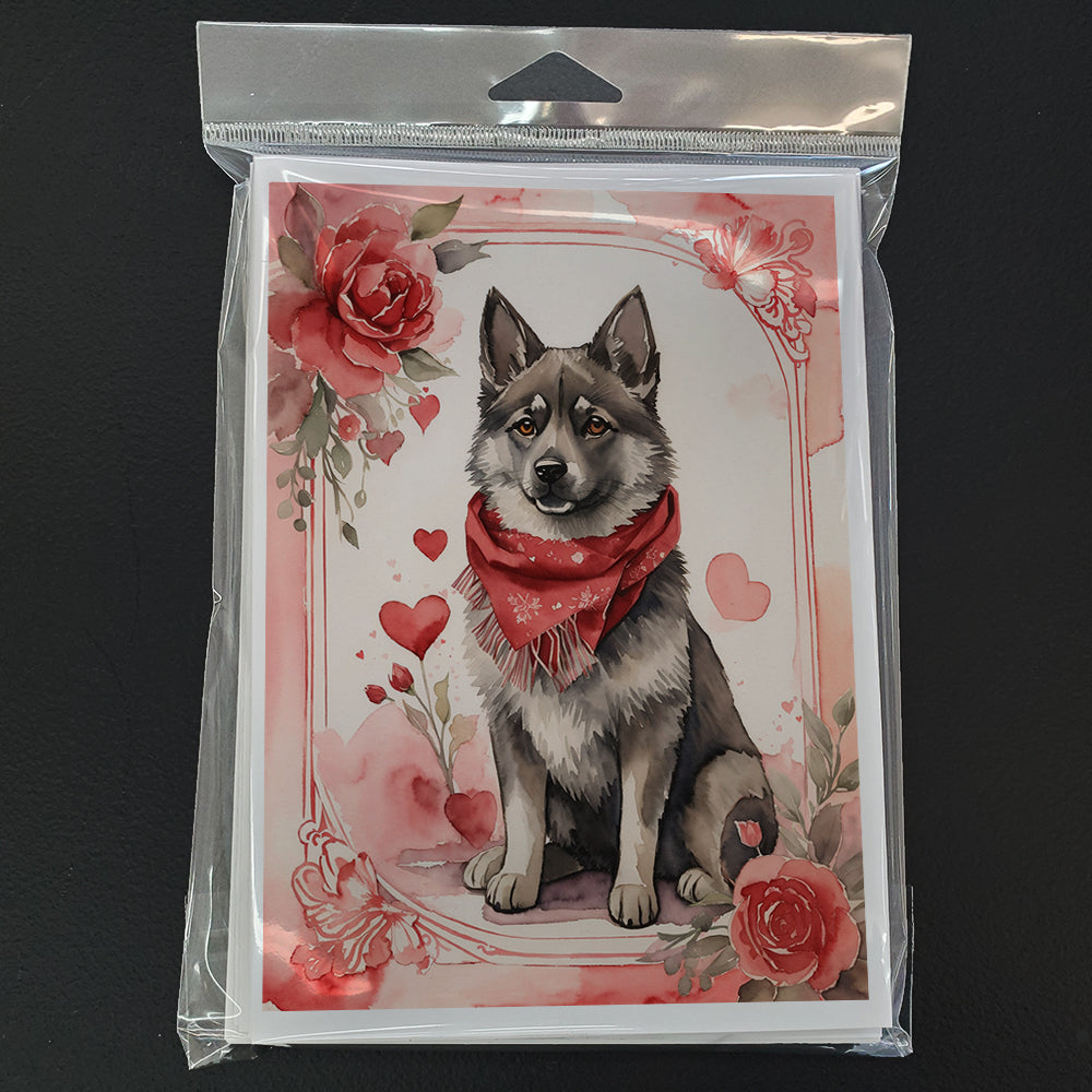 Norwegian Elkhound Valentine Roses Greeting Cards Pack of 8 Blank Cards with Envelopes Whimsical A7 Size 5x7