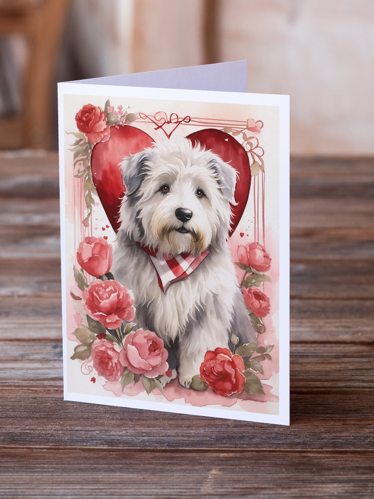 Old English Sheepdog Valentine Roses Greeting Cards Pack of 8 Blank Cards with Envelopes Whimsical A7 Size 5x7