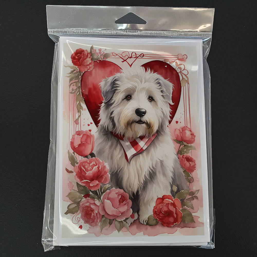 Old English Sheepdog Valentine Roses Greeting Cards Pack of 8 Blank Cards with Envelopes Whimsical A7 Size 5x7