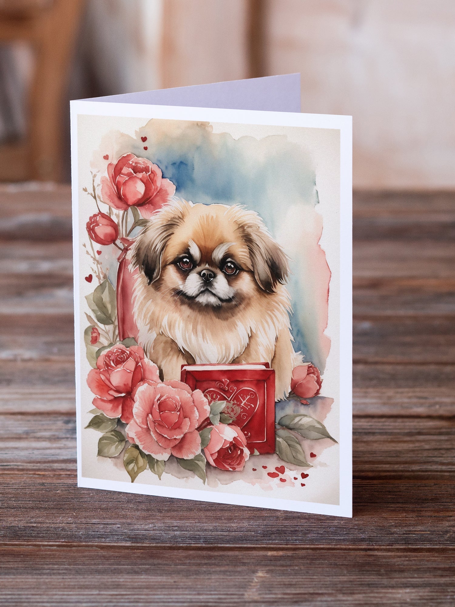 Pekingese Valentine Roses Greeting Cards Pack of 8 Blank Cards with Envelopes Whimsical A7 Size 5x7