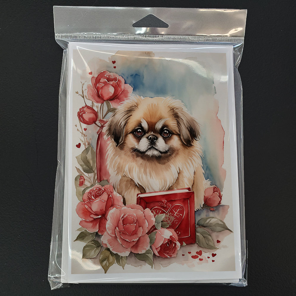 Pekingese Valentine Roses Greeting Cards Pack of 8 Blank Cards with Envelopes Whimsical A7 Size 5x7