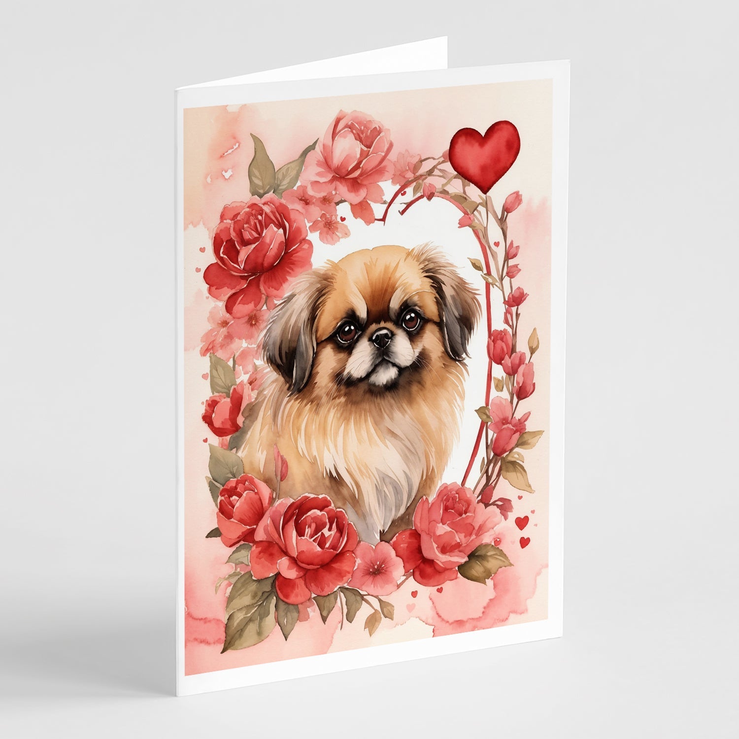 Pekingese Valentine Roses Greeting Cards Pack of 8 Blank Cards with Envelopes Whimsical A7 Size 5x7