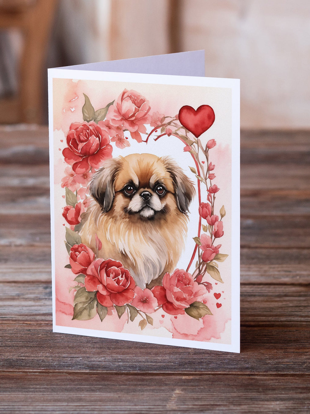Pekingese Valentine Roses Greeting Cards Pack of 8 Blank Cards with Envelopes Whimsical A7 Size 5x7