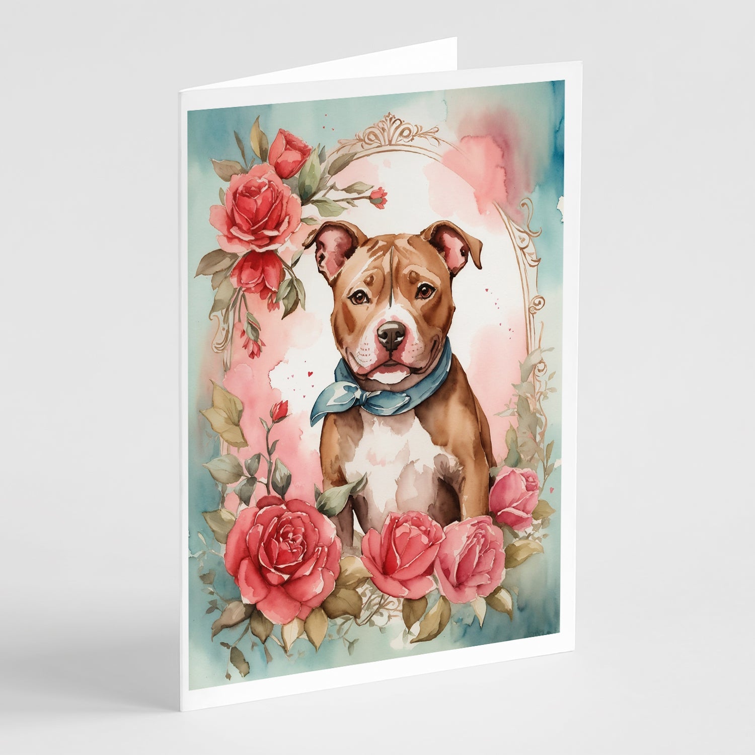 Pit Bull Terrier Valentine Roses Greeting Cards Pack of 8 Blank Cards with Envelopes Whimsical A7 Size 5x7