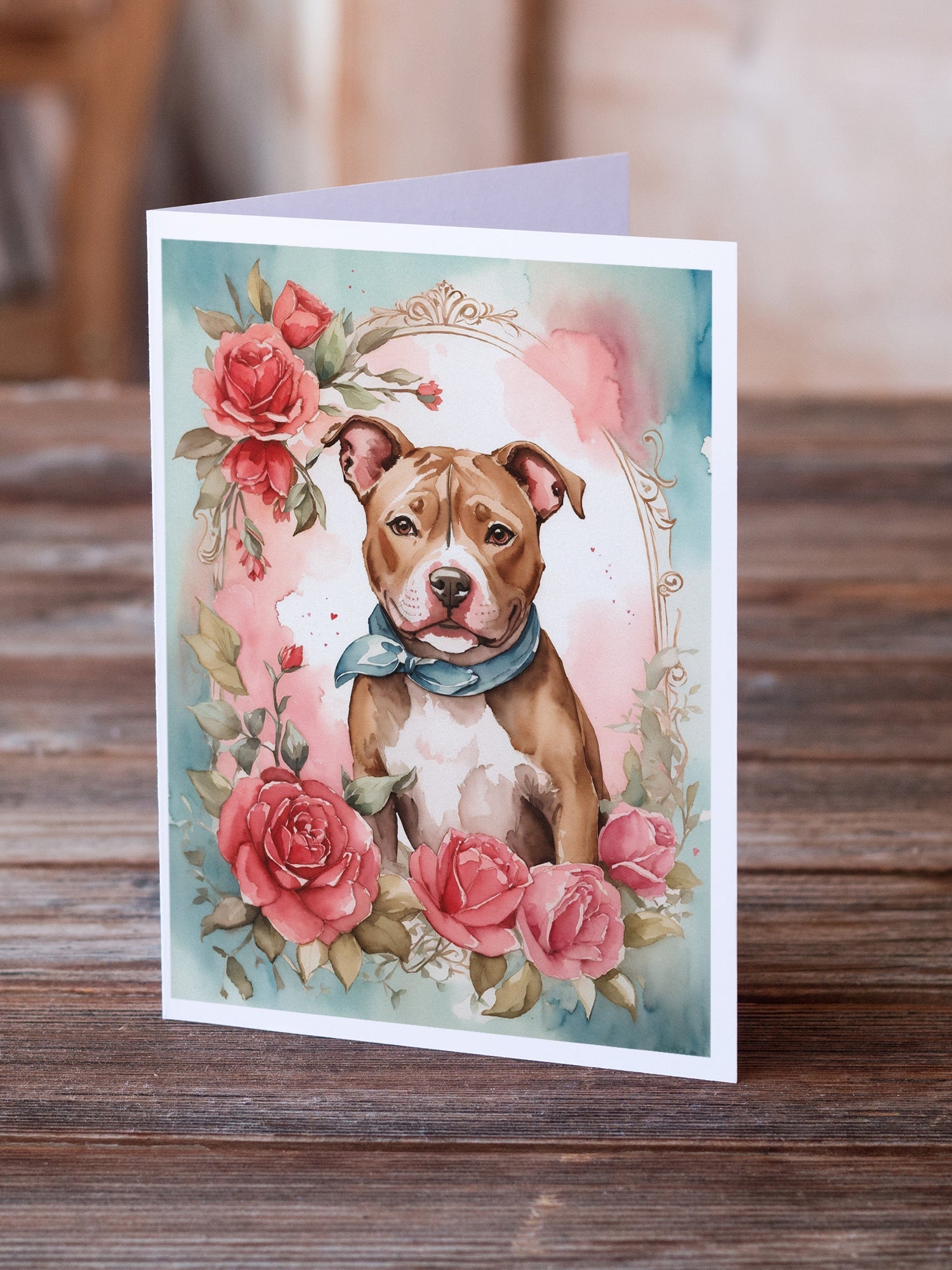 Pit Bull Terrier Valentine Roses Greeting Cards Pack of 8 Blank Cards with Envelopes Whimsical A7 Size 5x7