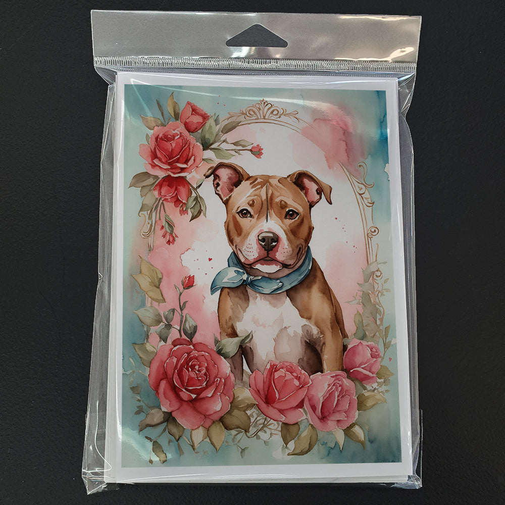 Pit Bull Terrier Valentine Roses Greeting Cards Pack of 8 Blank Cards with Envelopes Whimsical A7 Size 5x7