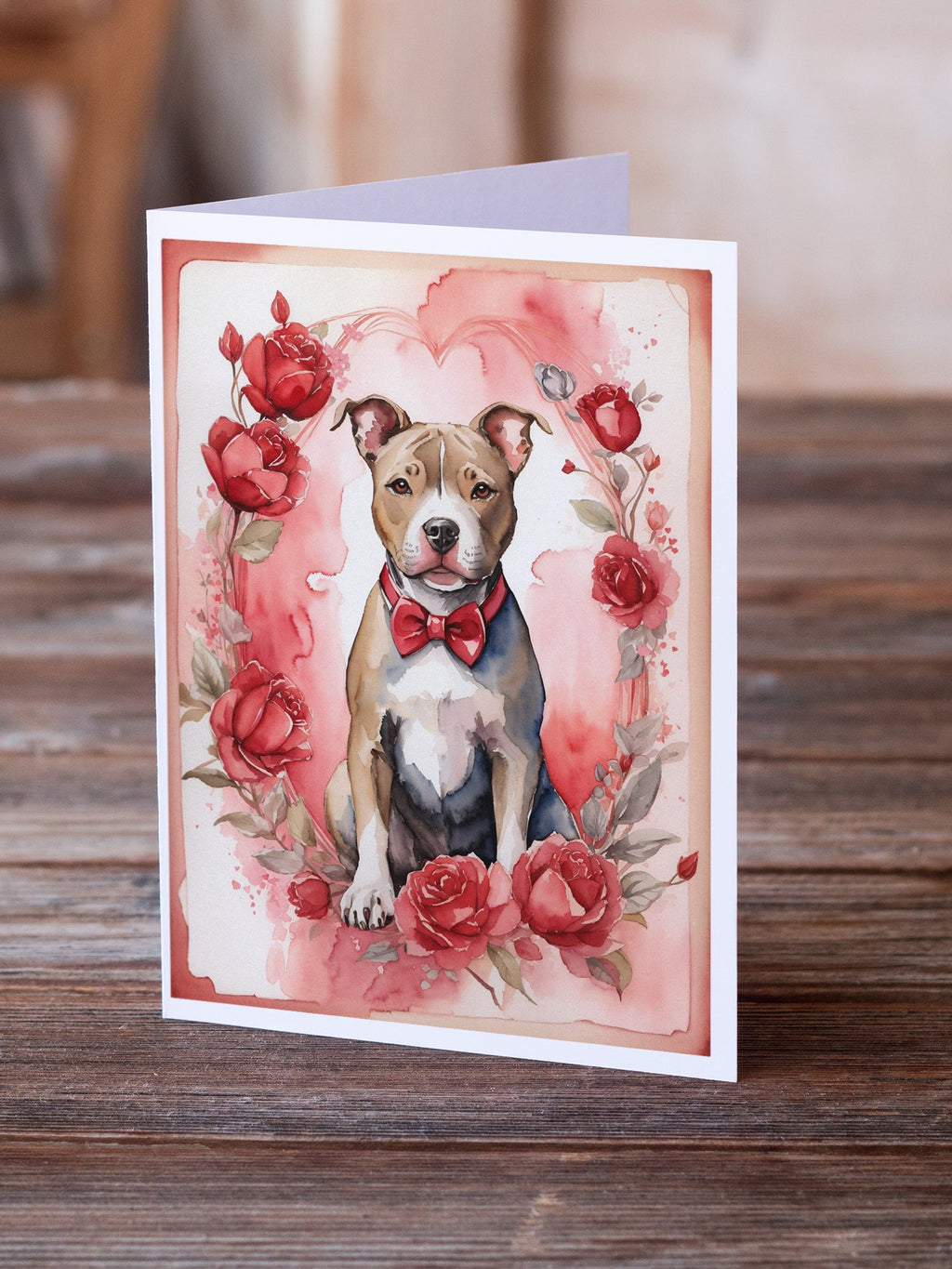 Pit Bull Terrier Valentine Roses Greeting Cards Pack of 8 Blank Cards with Envelopes Whimsical A7 Size 5x7