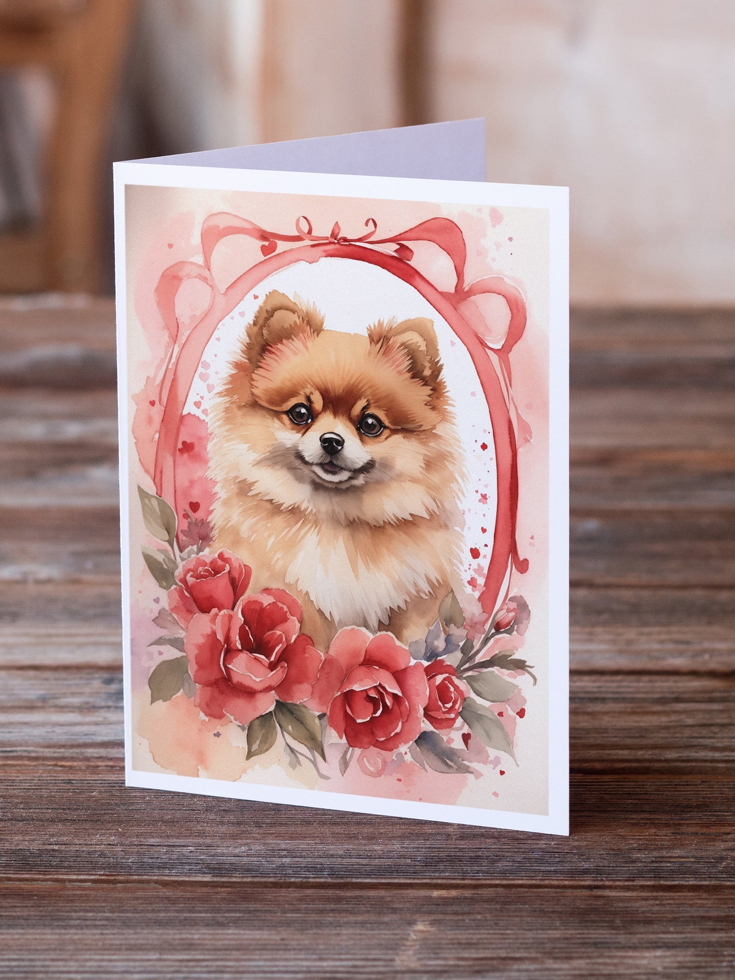 Pomeranian Valentine Roses Greeting Cards Pack of 8 Blank Cards with Envelopes Whimsical A7 Size 5x7