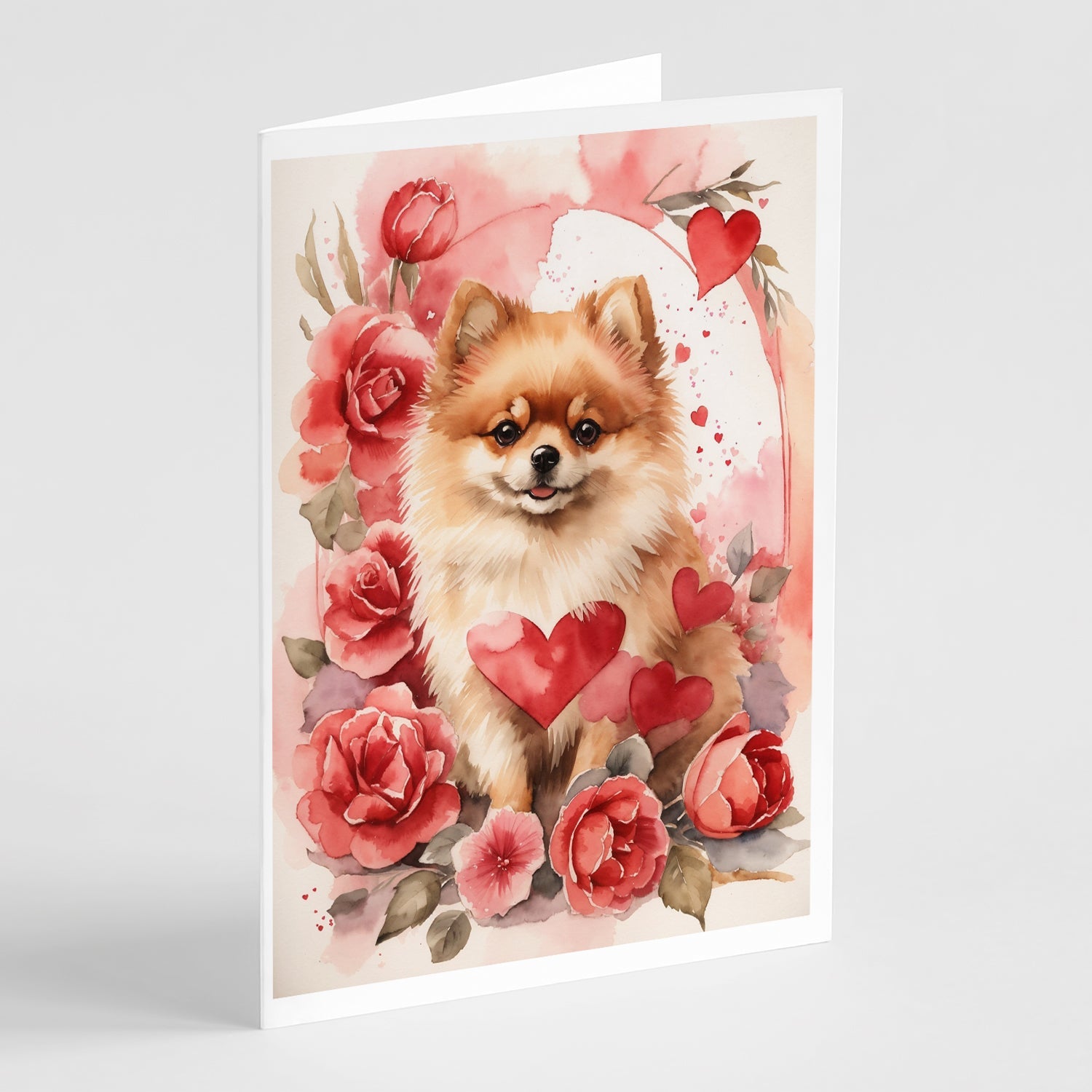 Pomeranian Valentine Roses Greeting Cards Pack of 8 Blank Cards with Envelopes Whimsical A7 Size 5x7