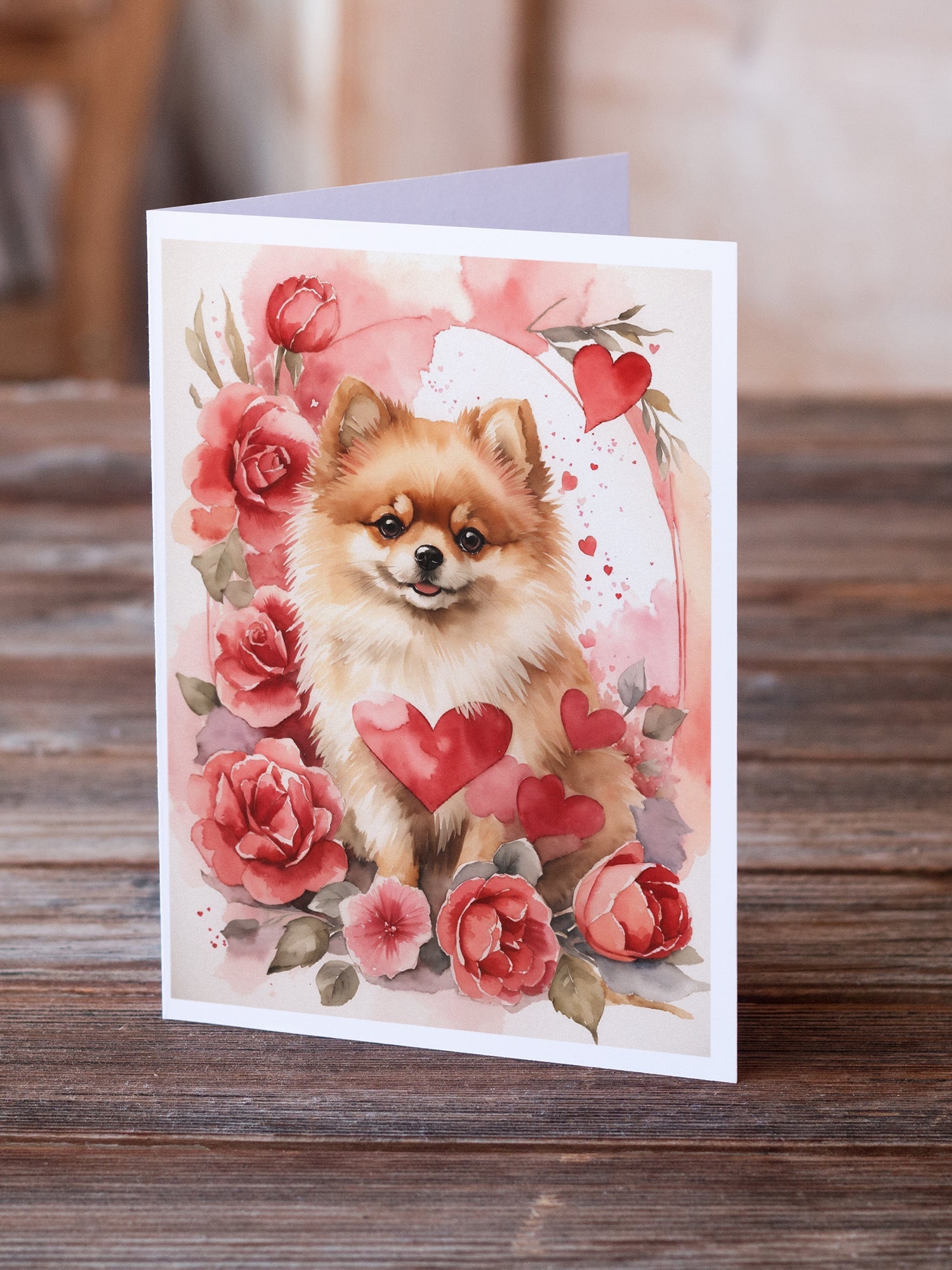 Pomeranian Valentine Roses Greeting Cards Pack of 8 Blank Cards with Envelopes Whimsical A7 Size 5x7
