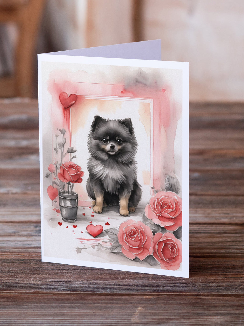 Black Pomeranian Valentine Roses Greeting Cards Pack of 8 Blank Cards with Envelopes Whimsical A7 Size 5x7