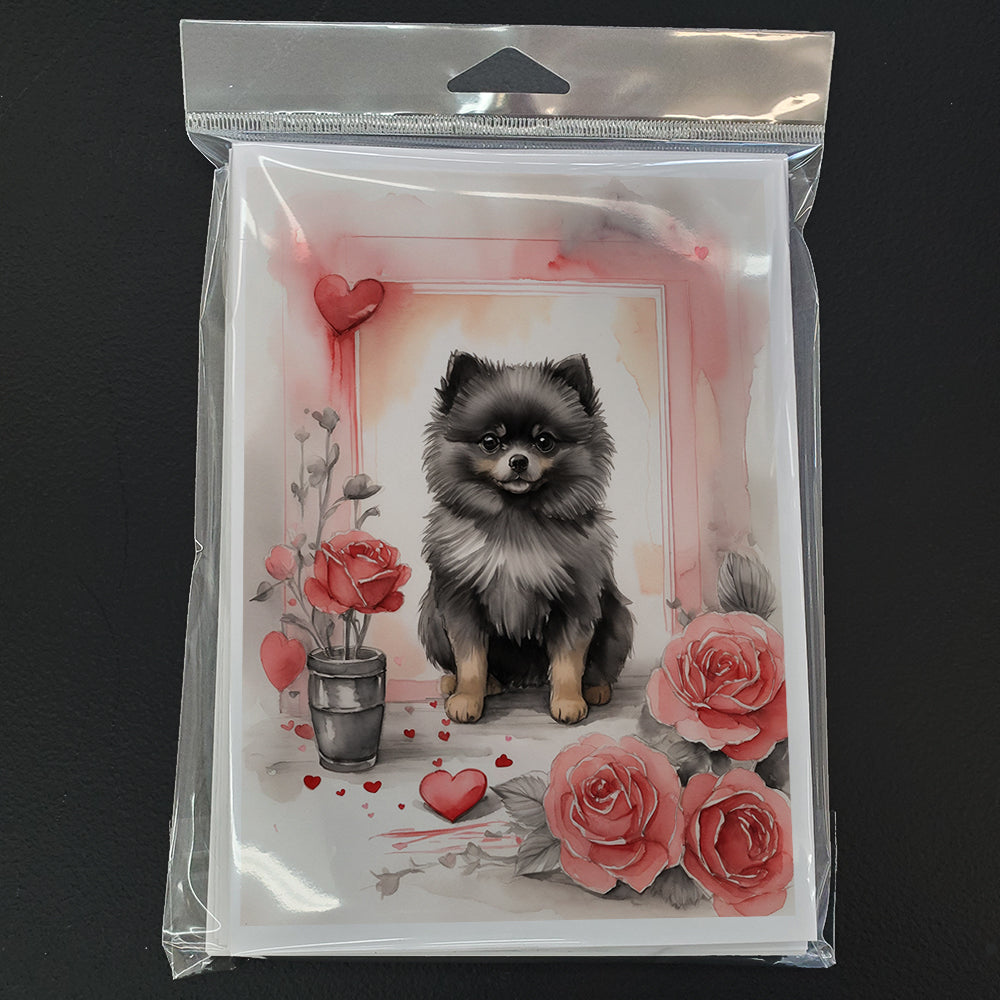 Black Pomeranian Valentine Roses Greeting Cards Pack of 8 Blank Cards with Envelopes Whimsical A7 Size 5x7
