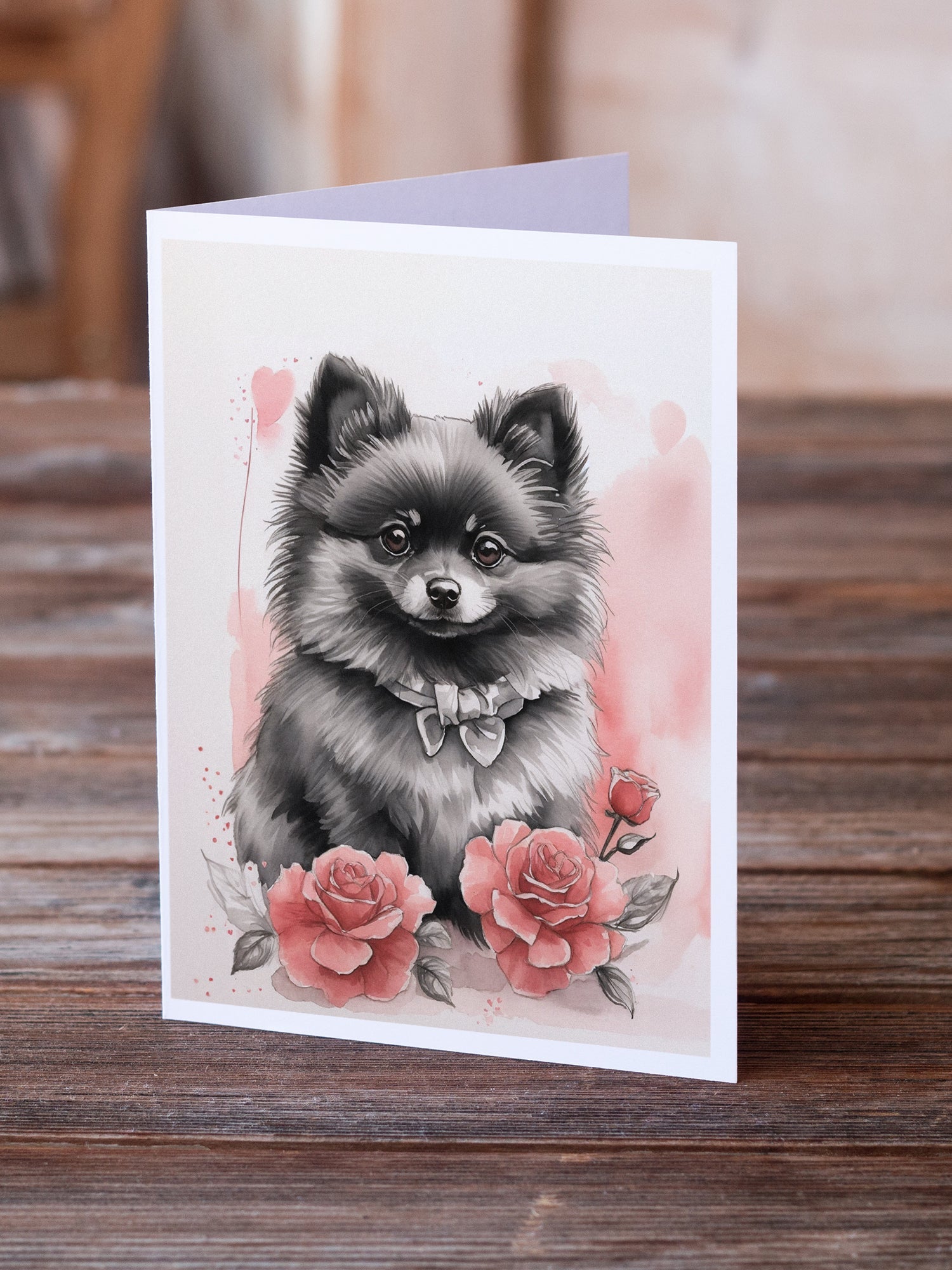 Black Pomeranian Valentine Roses Greeting Cards Pack of 8 Blank Cards with Envelopes Whimsical A7 Size 5x7