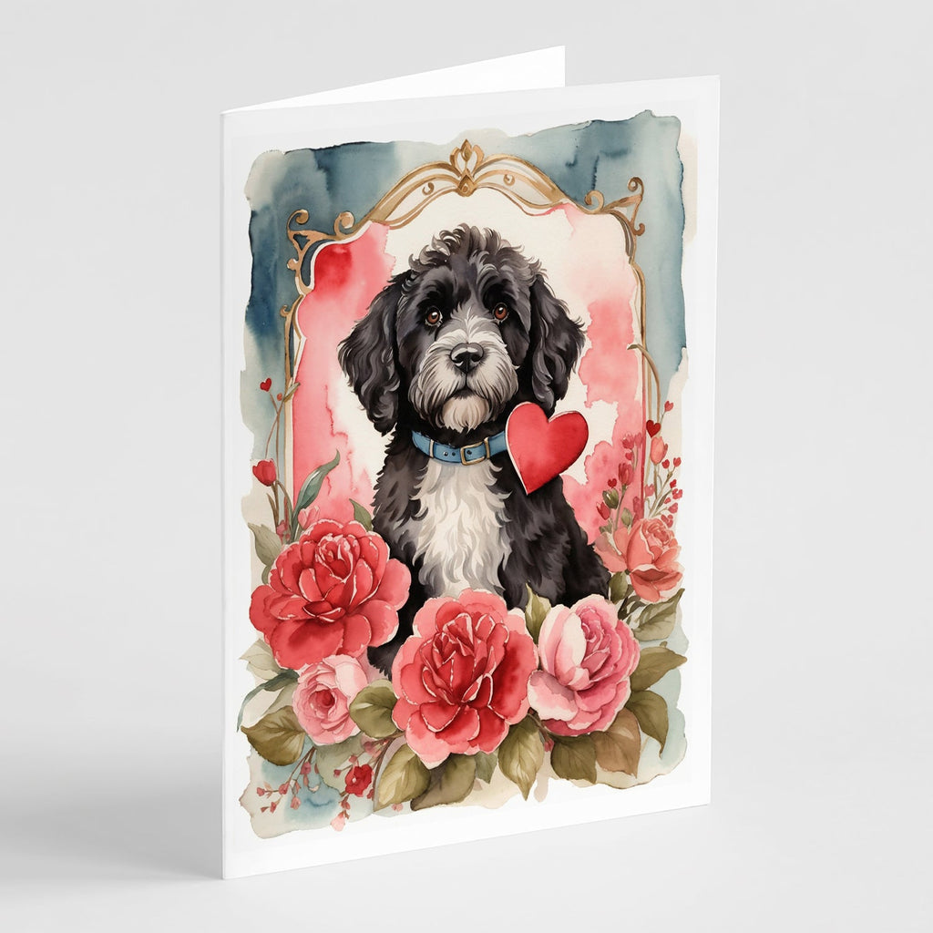Portuguese Water Dog Valentine Roses Greeting Cards Pack of 8 Blank Cards with Envelopes Whimsical A7 Size 5x7