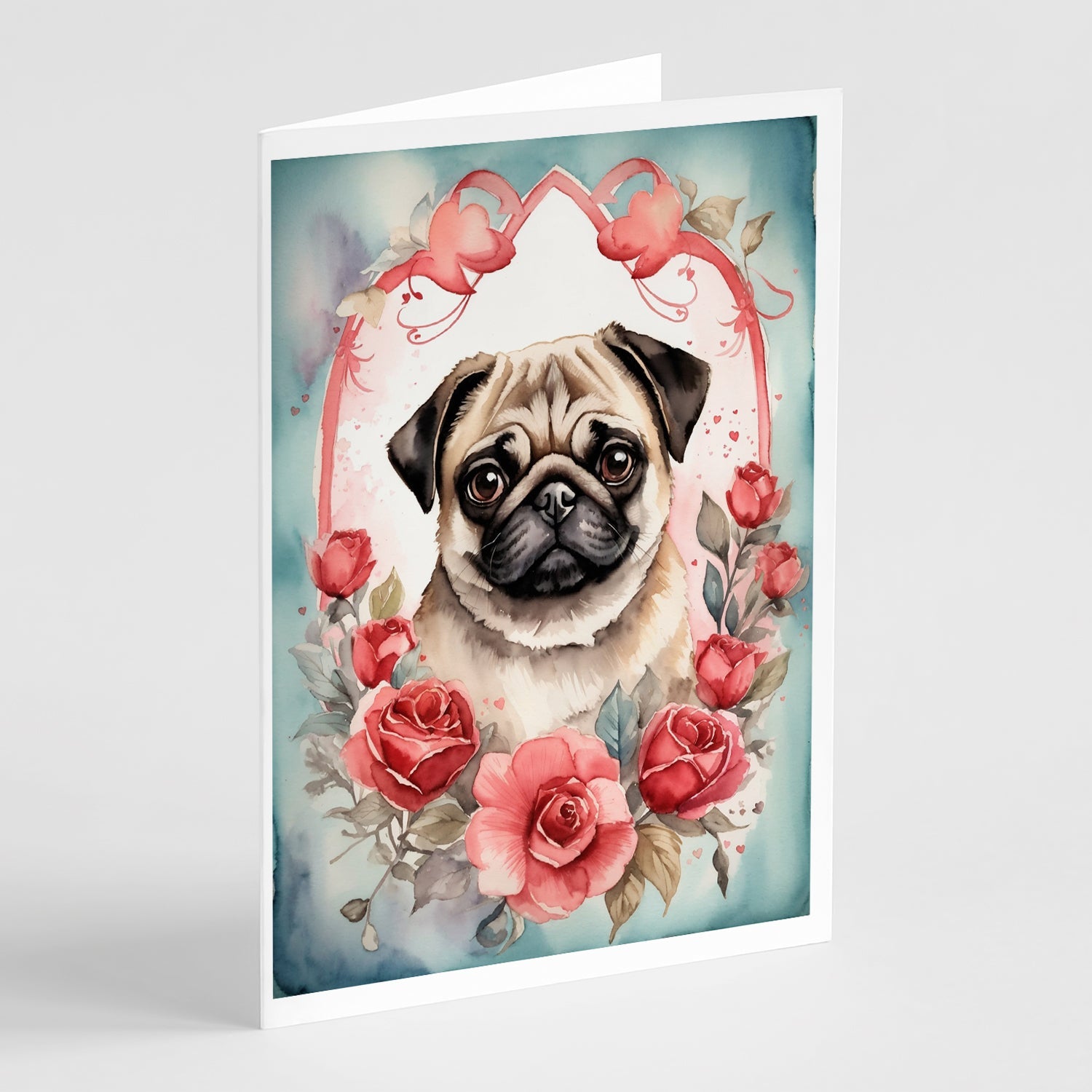 Pug Valentine Roses Greeting Cards Pack of 8 Blank Cards with Envelopes Whimsical A7 Size 5x7