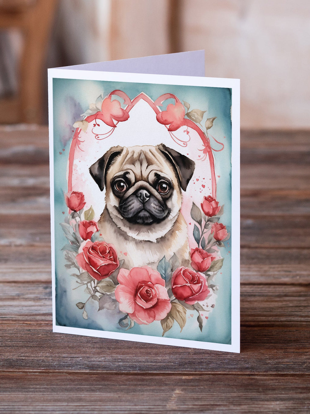 Pug Valentine Roses Greeting Cards Pack of 8 Blank Cards with Envelopes Whimsical A7 Size 5x7