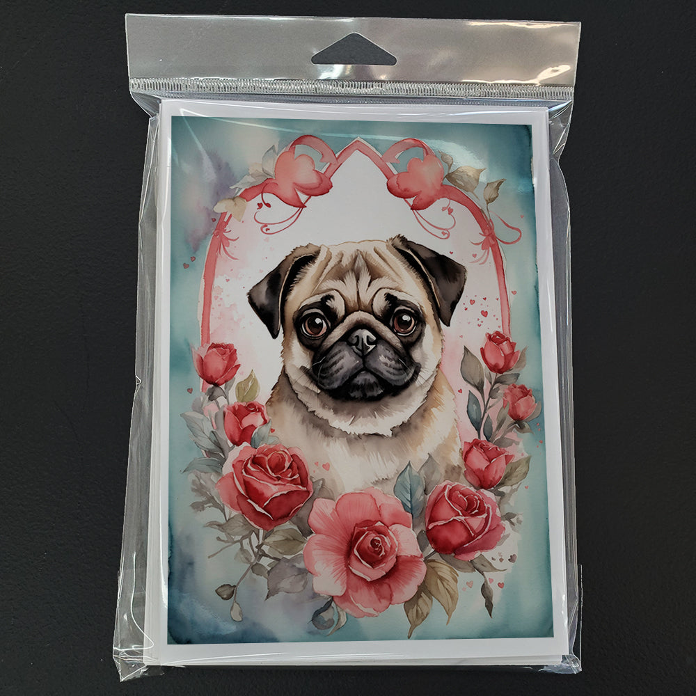 Pug Valentine Roses Greeting Cards Pack of 8 Blank Cards with Envelopes Whimsical A7 Size 5x7
