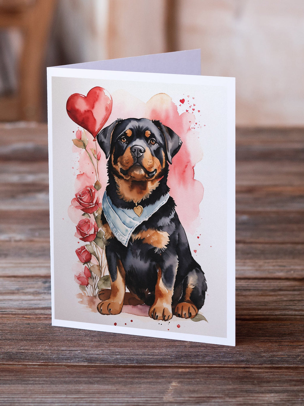 Rottweiler Valentine Roses Greeting Cards Pack of 8 Blank Cards with Envelopes Whimsical A7 Size 5x7