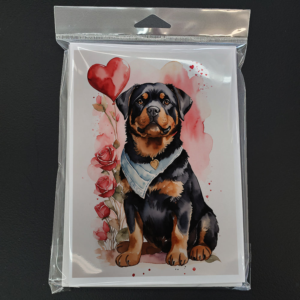 Rottweiler Valentine Roses Greeting Cards Pack of 8 Blank Cards with Envelopes Whimsical A7 Size 5x7