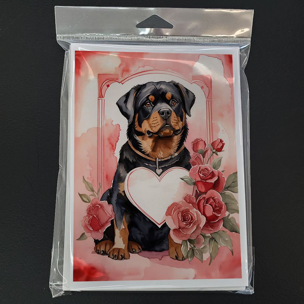 Rottweiler Valentine Roses Greeting Cards Pack of 8 Blank Cards with Envelopes Whimsical A7 Size 5x7