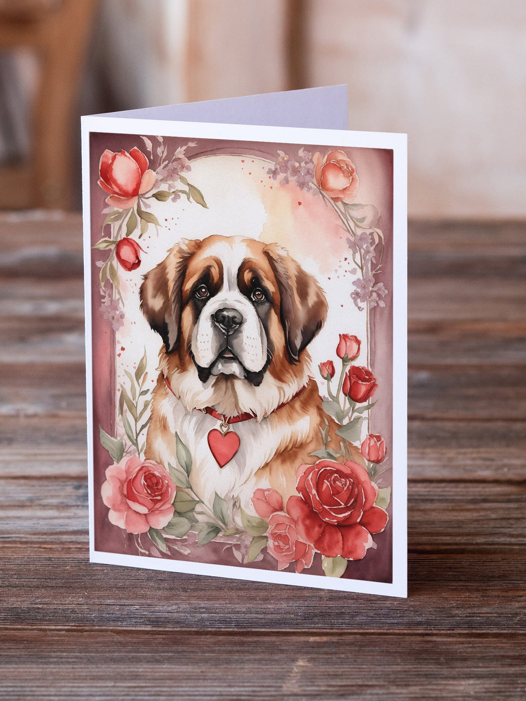 Saint Bernard Valentine Roses Greeting Cards Pack of 8 Blank Cards with Envelopes Whimsical A7 Size 5x7