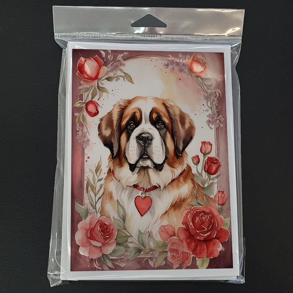 Saint Bernard Valentine Roses Greeting Cards Pack of 8 Blank Cards with Envelopes Whimsical A7 Size 5x7