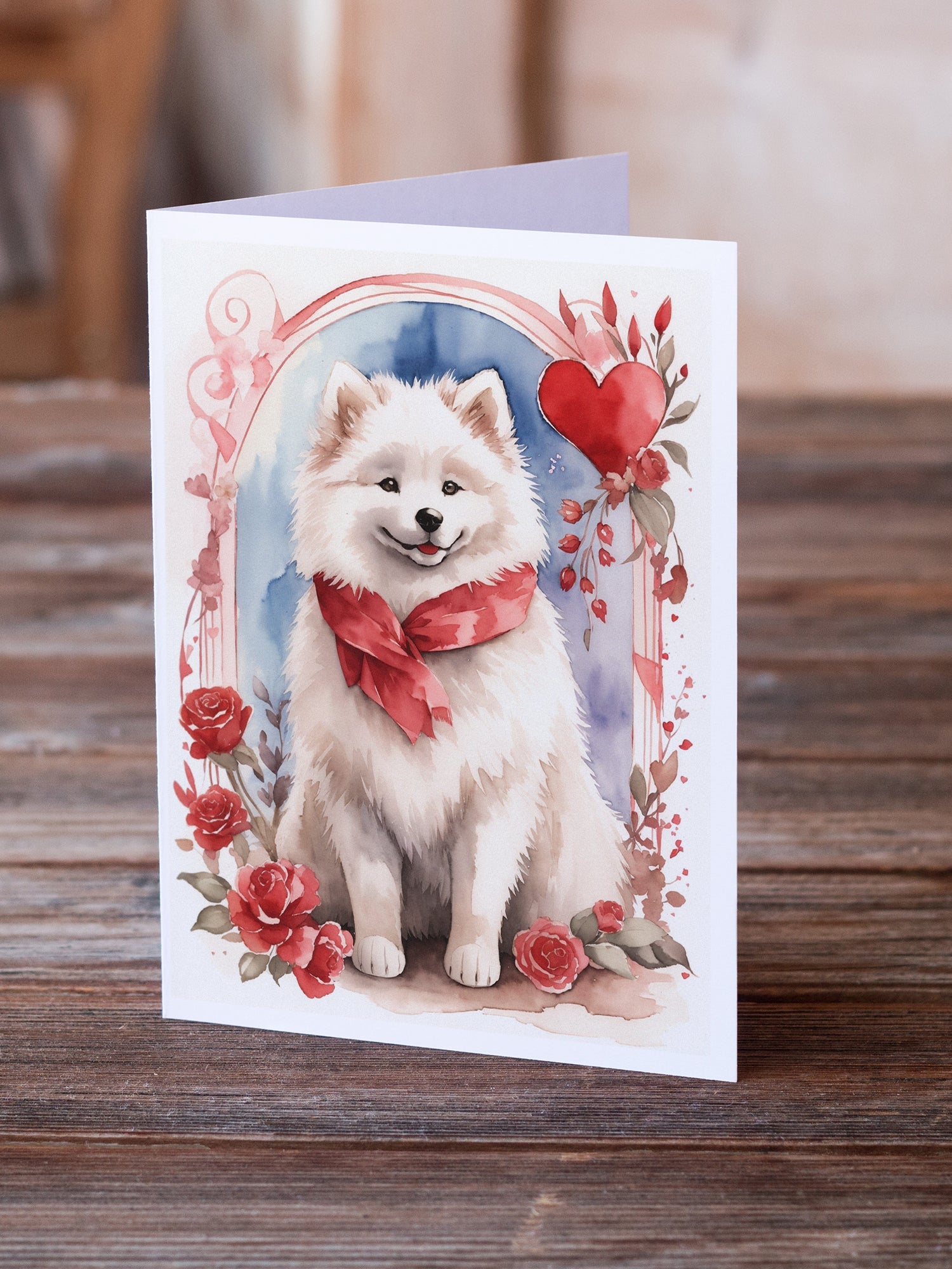Samoyed Valentine Roses Greeting Cards Pack of 8 Blank Cards with Envelopes Whimsical A7 Size 5x7
