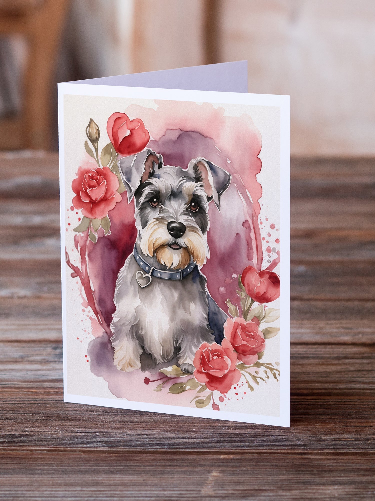 Schnauzer Valentine Roses Greeting Cards Pack of 8 Blank Cards with Envelopes Whimsical A7 Size 5x7
